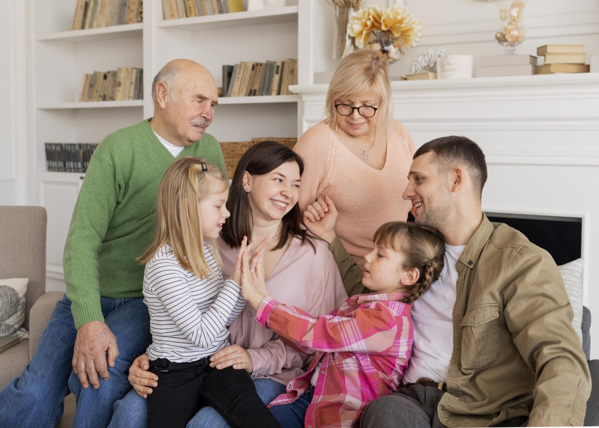 medium shot happy family couch